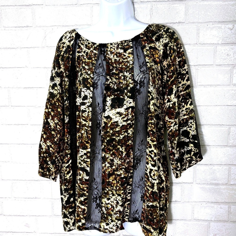 Womens‎ Boho Lace Trim Animal Print Top Small Abstract Boutique Artsy Whimsigoth